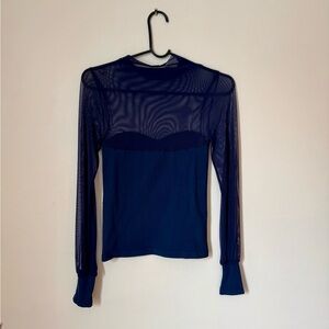 Free People Navy Sheer Sleeve Blouse